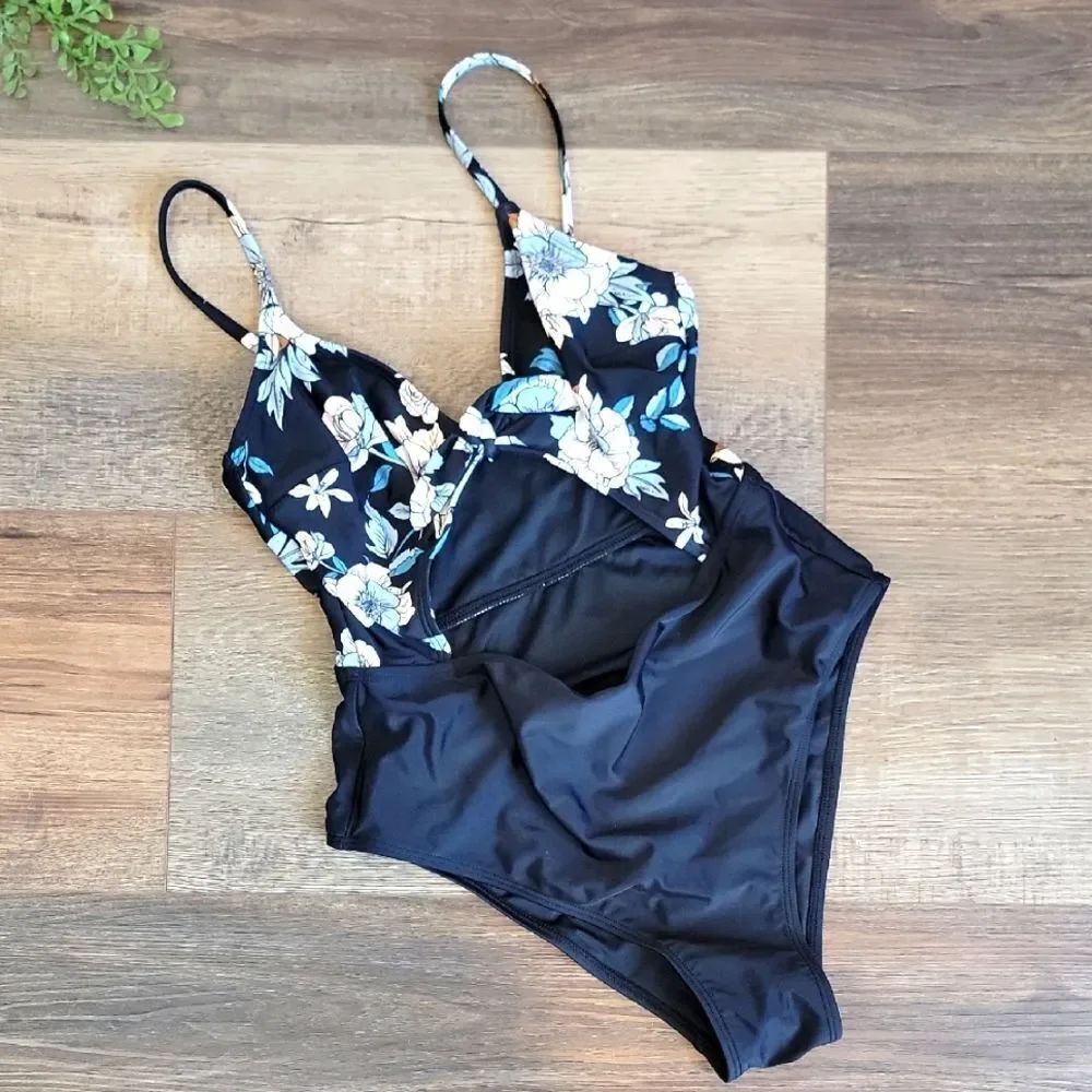 Unbranded Floral Black One-Piece Swimsuit Womens Size M/L